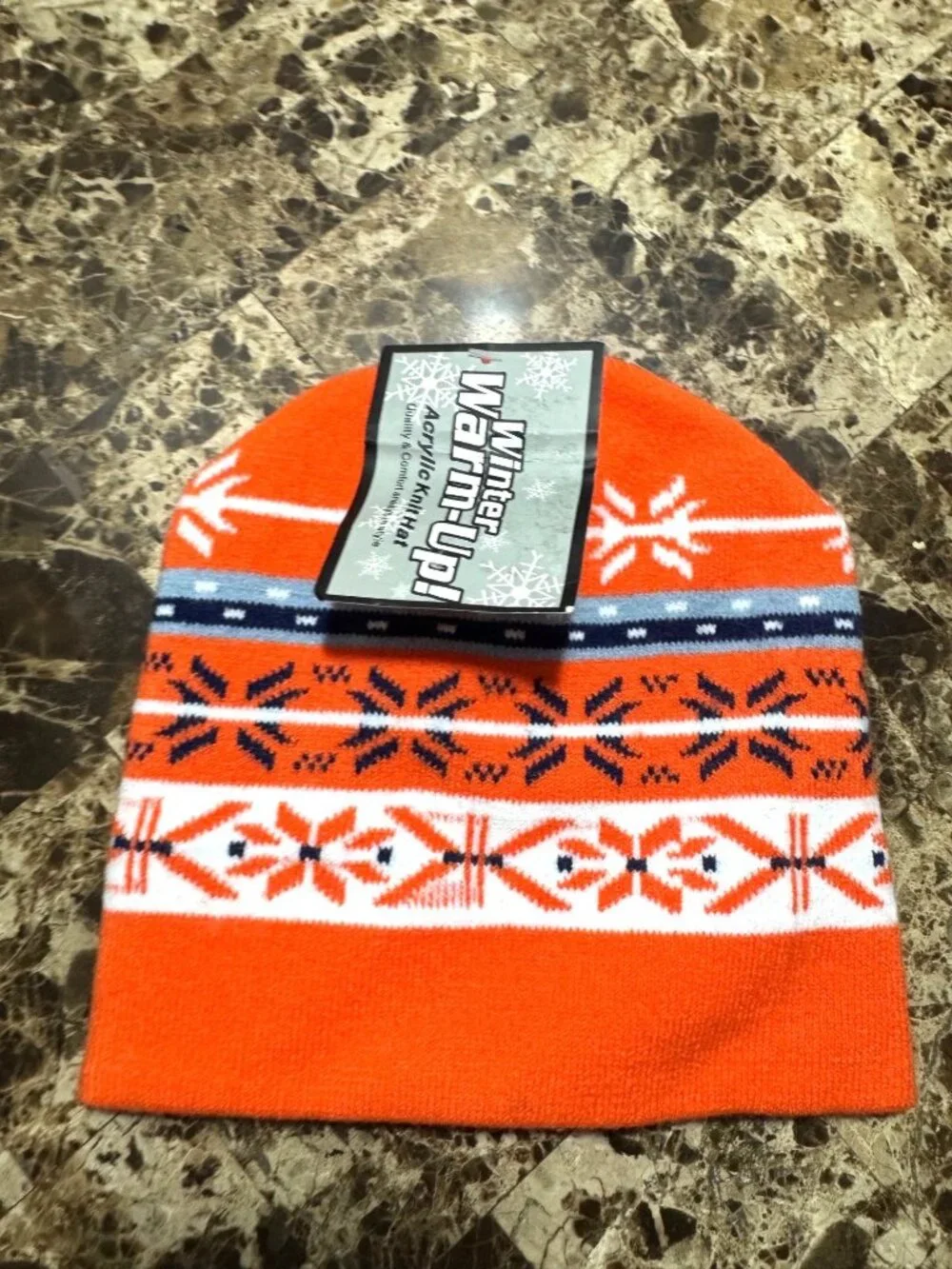 Winter Warm-Up Kids Acrylic Knit Hat Orange Snowflake Pattern